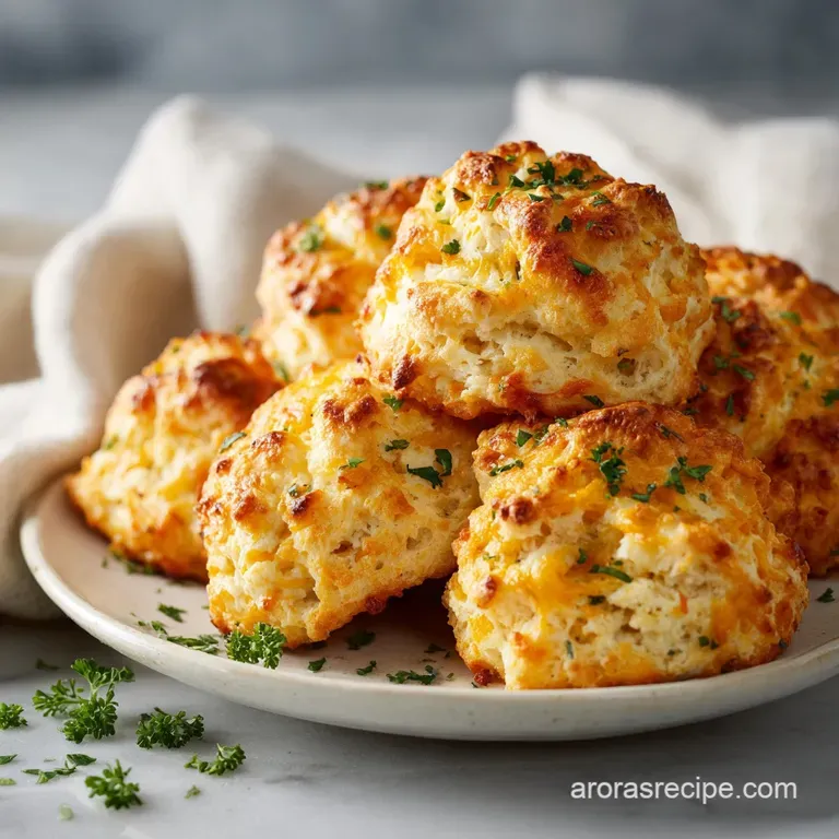 A stack of fluffy, golden-baked biscuits artfully arranged with a sprig of fresh parsley.