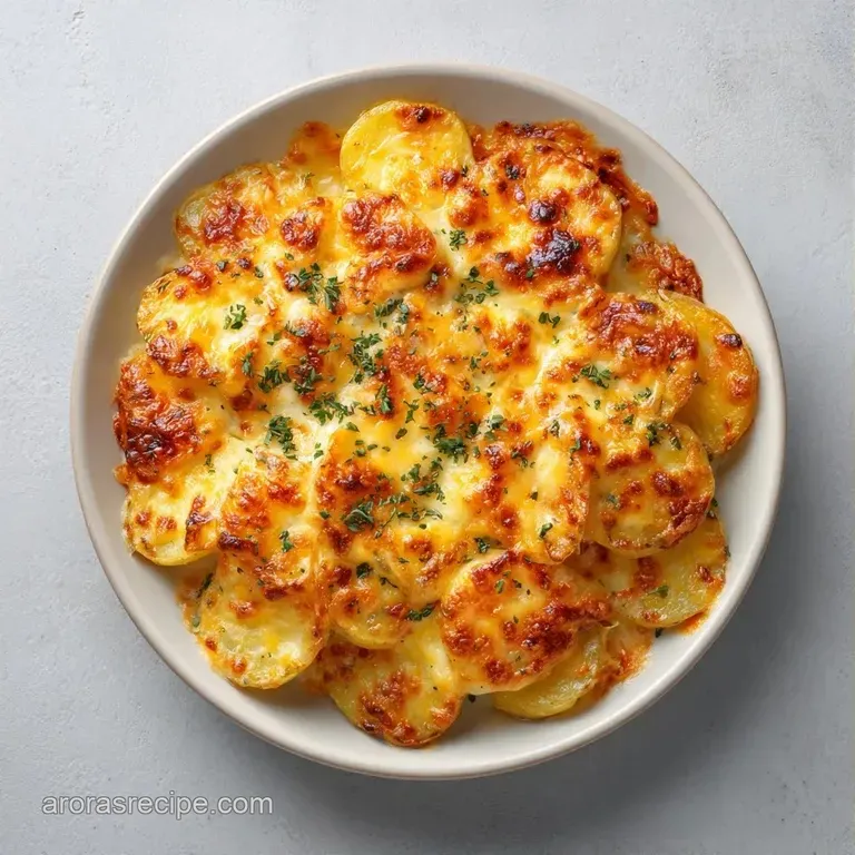 A portion of creamy, sliced potatoes topped with melted gold cheese and fresh parsley on a minimalist white plate.