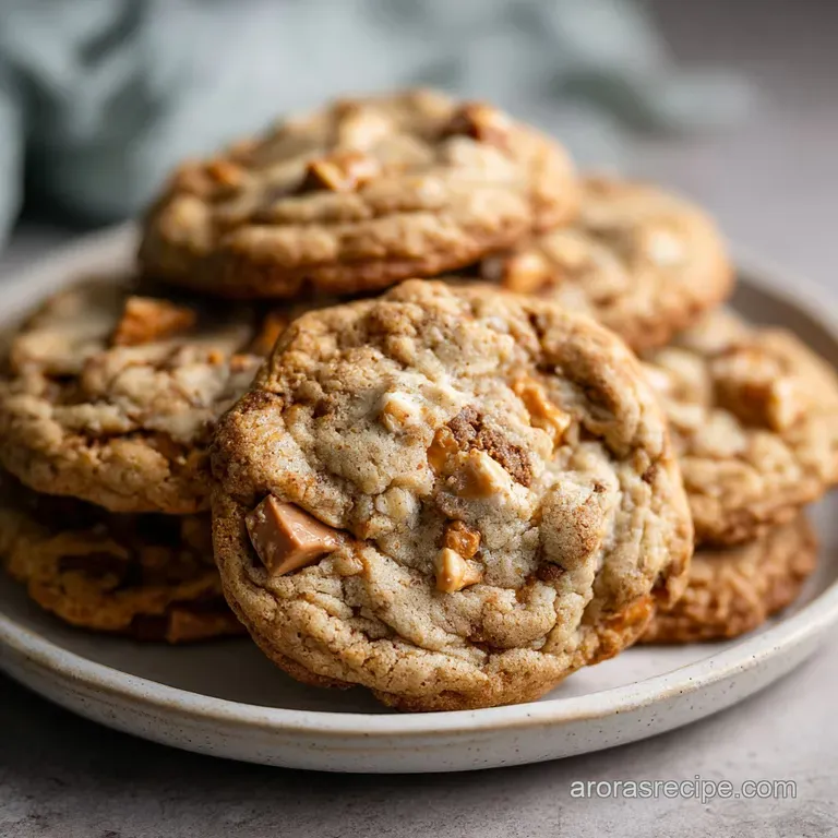 A stack of chewy cookies with a slightly cracked surface, revealing a soft interior, presented on a white plate, inviting ...