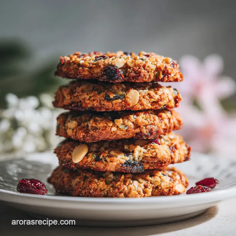 A stack of chewy granola cookies on a white plate, dusted with powdered sugar. Warm, inviting, and perfectly imperfect.