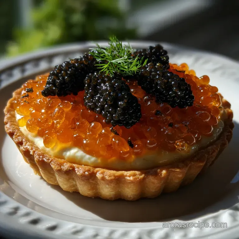 Elegant individual caviar tartlets on a black slate, the golden roe contrasting beautifully with the creamy white filling ...