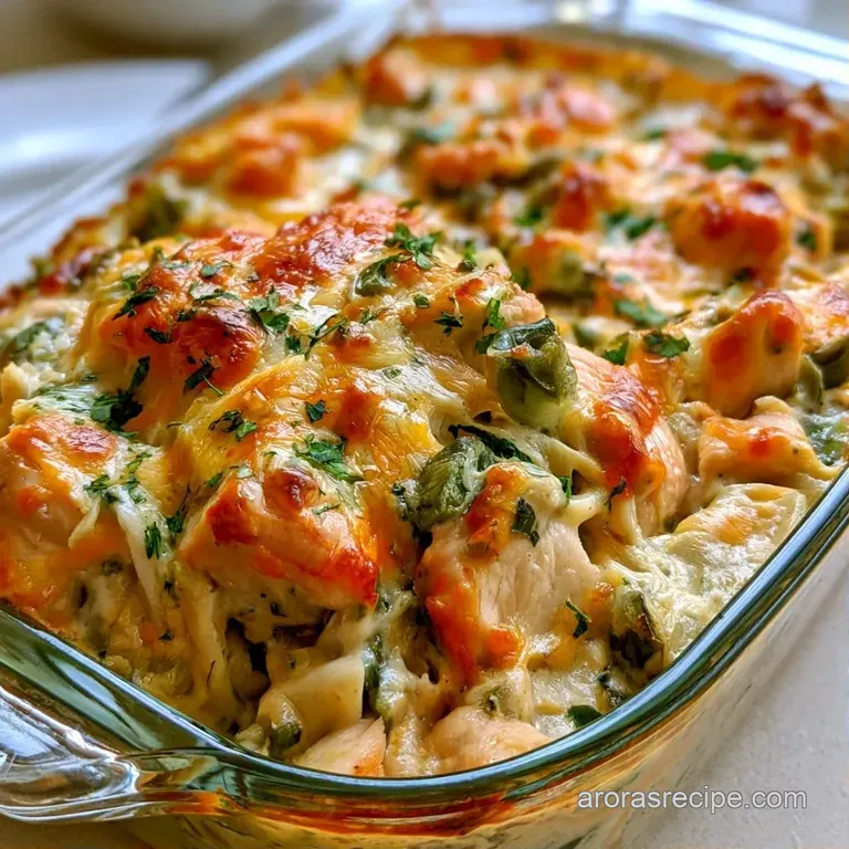 A square slice of cheesy casserole on a white plate, topped with cool sour cream and bright diced red onions.
