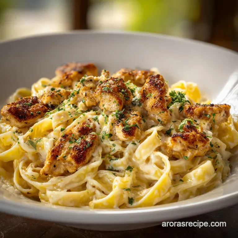 Elegant white bowl of swirled pasta and tender chicken, topped with cracked black pepper and a sprig of parsley.