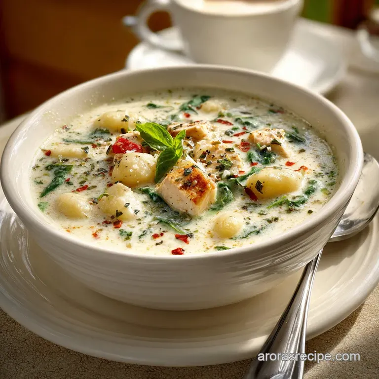 Elegant bowl of creamy gnocchi soup. Tender chicken, soft pillows of gnocchi, and fresh parsley create an inviting and del...