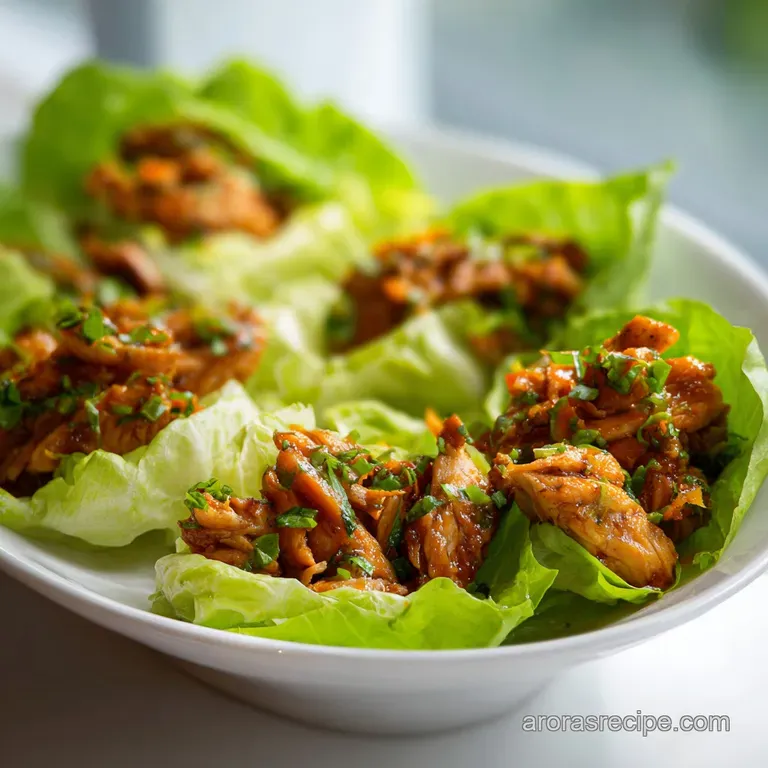 Chicken lettuce wraps artfully arranged on a white plate, garnished with sesame seeds. A glass of refreshing ice water bes...