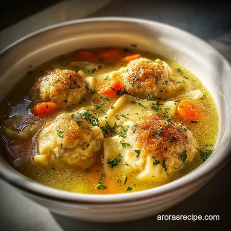 A spoonful of rich chicken soup with a fluffy dumpling, glistening broth, and colorful vegetables in a white porcelain sou...