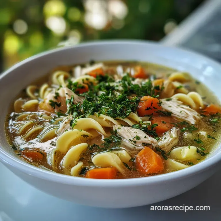 Steaming bowl of chicken noodle soup; glistening broth, plump chicken, colorful vegetables, inviting and comforting presen...