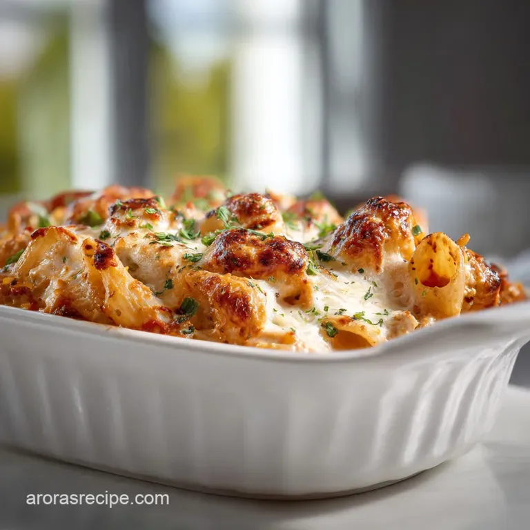 Plated chicken parm pasta, glistening with sauce. Sprinkled fresh herbs, a bright contrast against the rich, cheesy baked ...