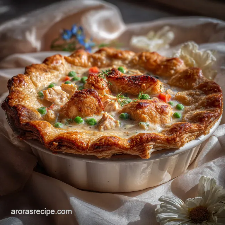 Individual chicken pot pie with a burnished crust, herbs sprinkled on top, on a linen napkin beside a silver serving spoon.