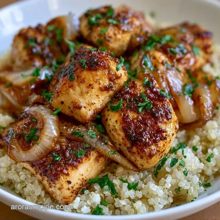 A neat portion of seared chicken and quinoa on a white plate, garnished with bright green parsley and lemon slices.