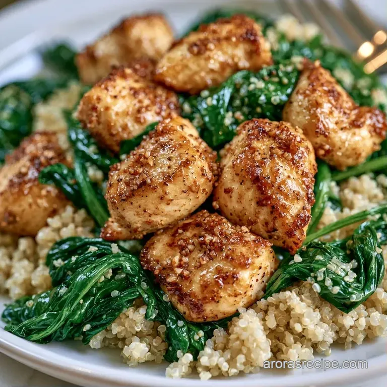 Elegant scoop of golden-brown chicken and fluffy quinoa garnished with fresh herbs on a minimalist white plate.