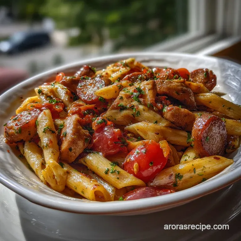 25-Minute Chicken and Sausage Pasta with Cream Sauce presentation