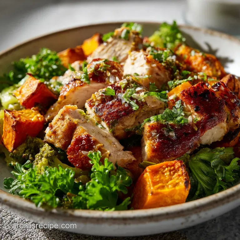 Plated chicken and sweet potatoes with glistening glaze; steam suggests warmth and savory herbs add visual appeal.