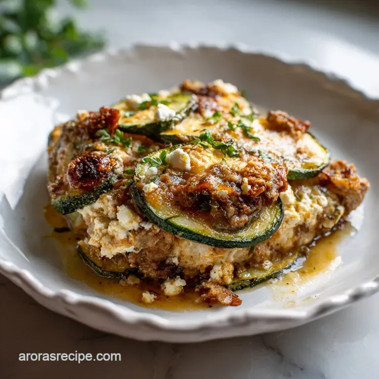Plated chicken zucchini bake with a crisp, golden crust. Steam rises, hinting at the tender chicken and soft zucchini inside.