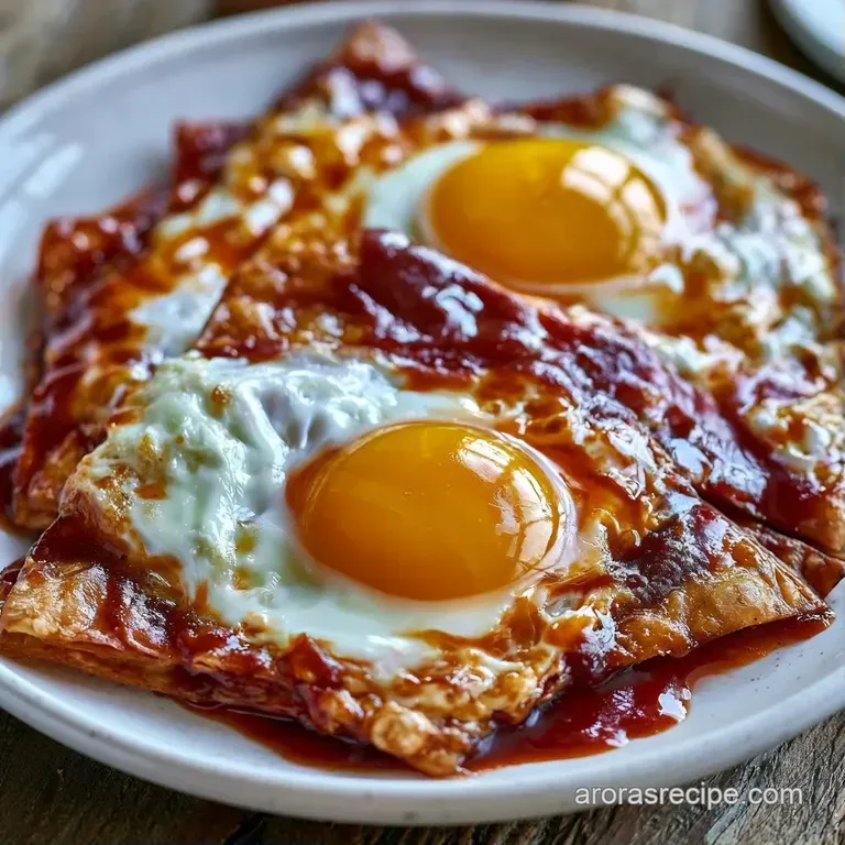 Vibrant red salsa-coated chips on a white platter, garnished with fresh herbs and two eggs with runny golden yolks.