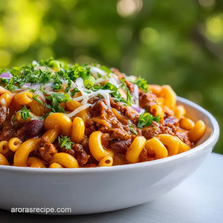 Close-up of chili mac in a bowl, topped with green onions and a dollop of sour cream. Steam rises from the rich, cheesy sa...