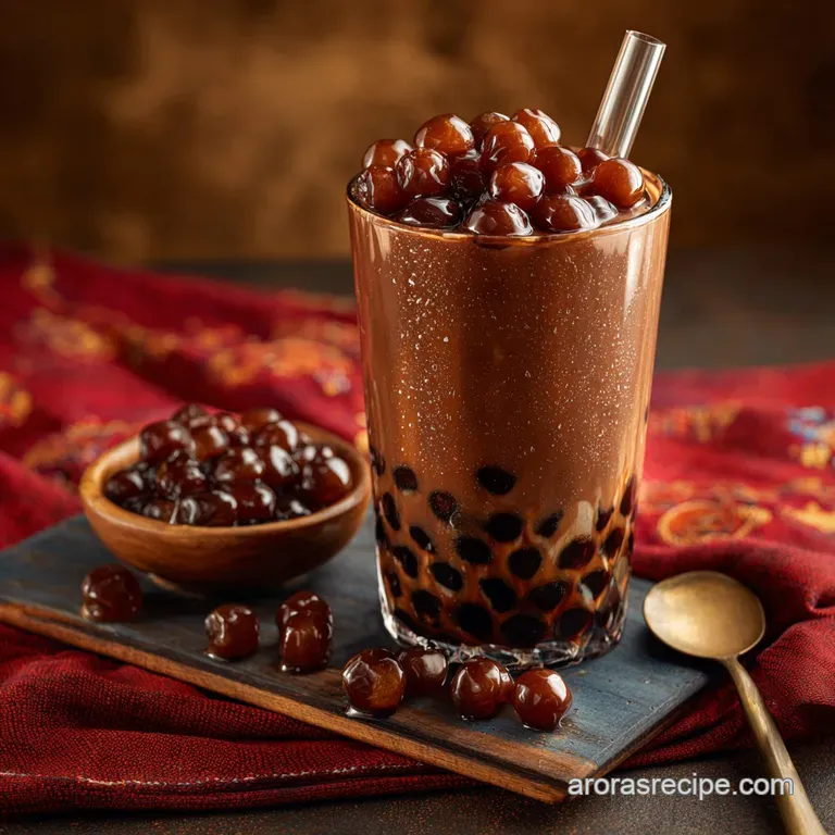 Velvet Cocoa Pearls Homemade Chocolate Boba Bubble Tea presentation