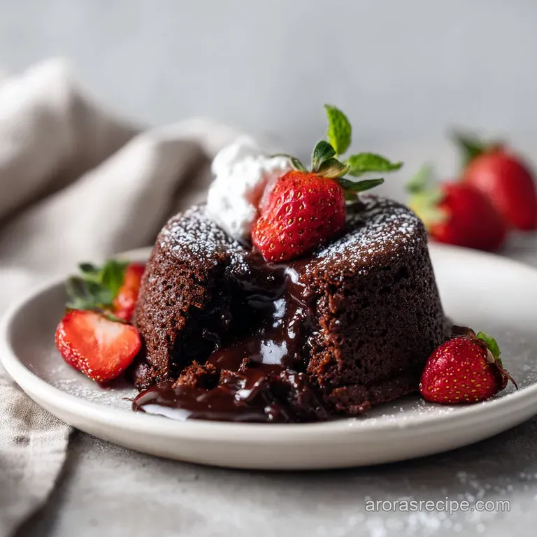 Warm chocolate lava cake, dusted with cocoa powder, served with a scoop of vanilla ice cream and a berry garnish.