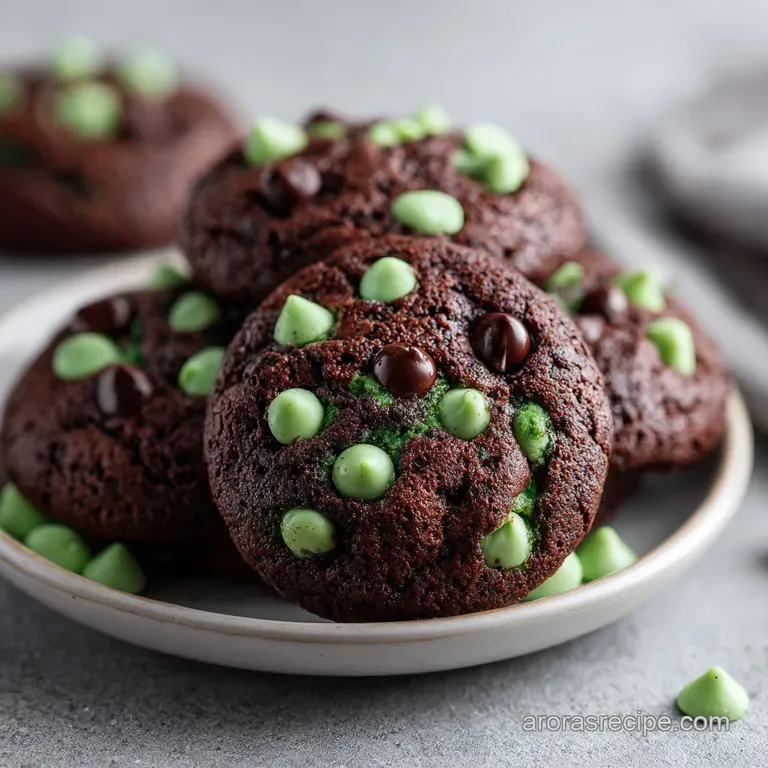 A stack of dark cocoa treats paired with fresh mint leaves on a white marble platter with a glass of cold milk.