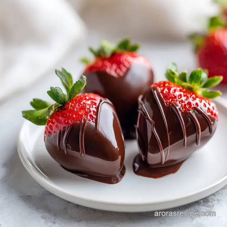 A cascade of glistening chocolate-covered strawberry hearts artfully arranged on a white plate, dusted with cocoa powder, ...