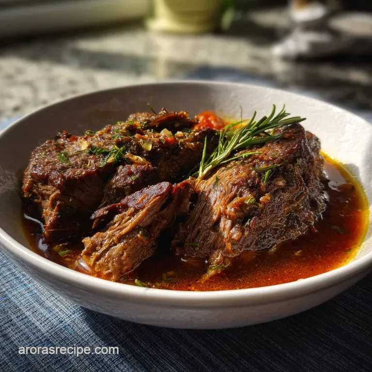Braised chuck roast, fork tender and piled high on creamy mashed potatoes. Garnished with vibrant green parsley.