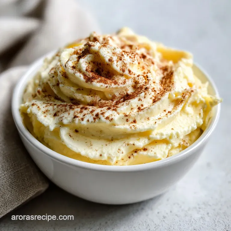 A small porcelain dish of pale yellow whipped butter topped with cinnamon dust and a glossy honey drizzle.