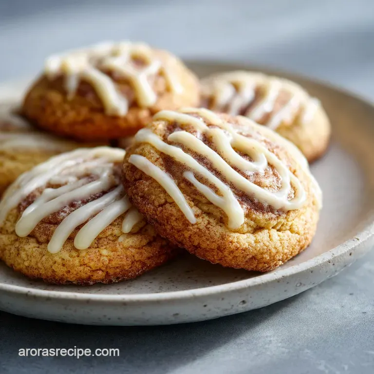 A tempting stack of cinnamon roll cookies, revealing soft, layered textures and a glistening icing glaze. Ready to be devo...