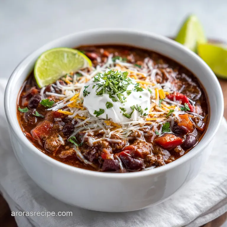 A bowl of hearty beef chili, garnished with lime, scallions and a side of crispy tortilla chips, ready to be enjoyed.
