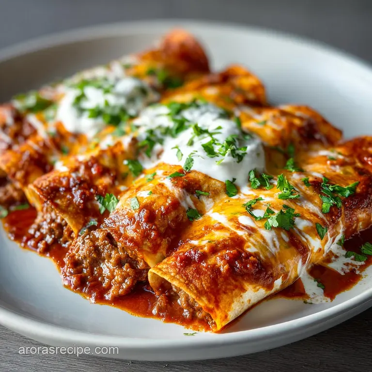 Two saucy enchiladas plated beautifully; melted cheese pull, creamy sauce, fresh cilantro, and a dollop of sour cream.
