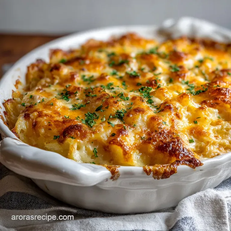Creamy chicken and potato casserole served on a plate, garnished with fresh herbs, steam rising, enticing warm comfort.