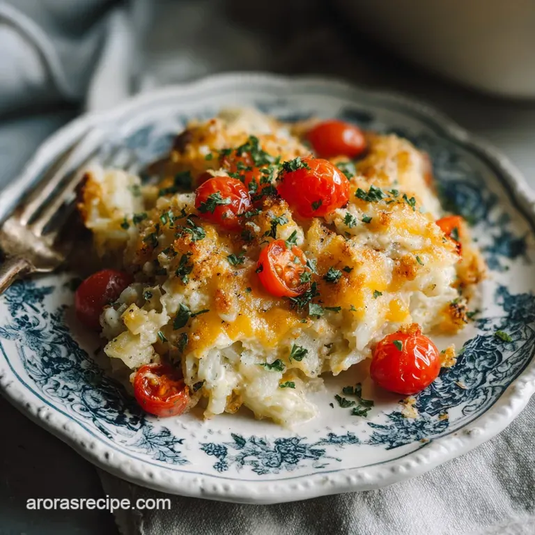 A generous scoop of creamy hashbrown casserole with a crispy golden top, served elegantly.