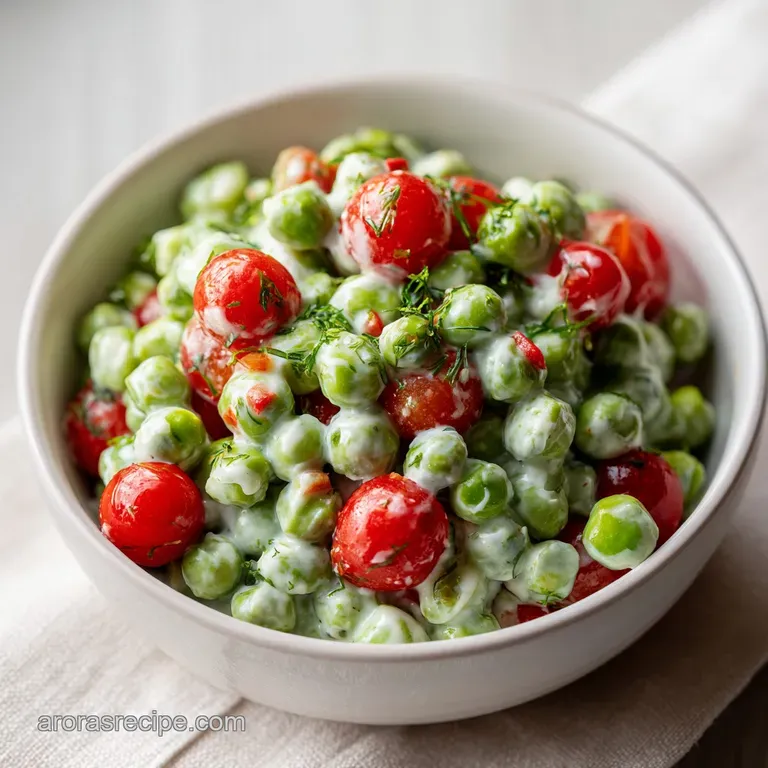Individual serving of bright pea salad on a lettuce leaf, showing the creamy texture and bacon bits.