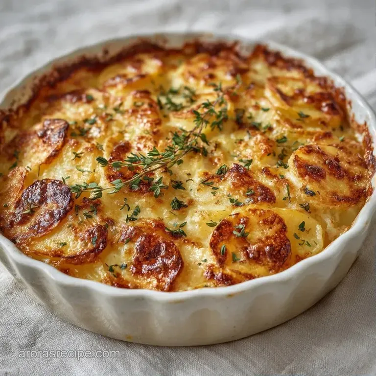 A square slice of creamy sliced potatoes with toasted edges served on a white ceramic plate with fresh parsley.