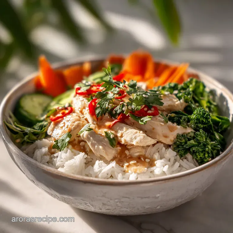 A bright, appetizing coconut chicken rice bowl. Tender chicken & fluffy rice. Garnished with vibrant greens & toasted coco...