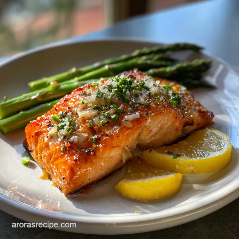 Perfectly seared salmon fillet with crispy skin, artfully plated with vibrant green asparagus and a bright lemon garnish.