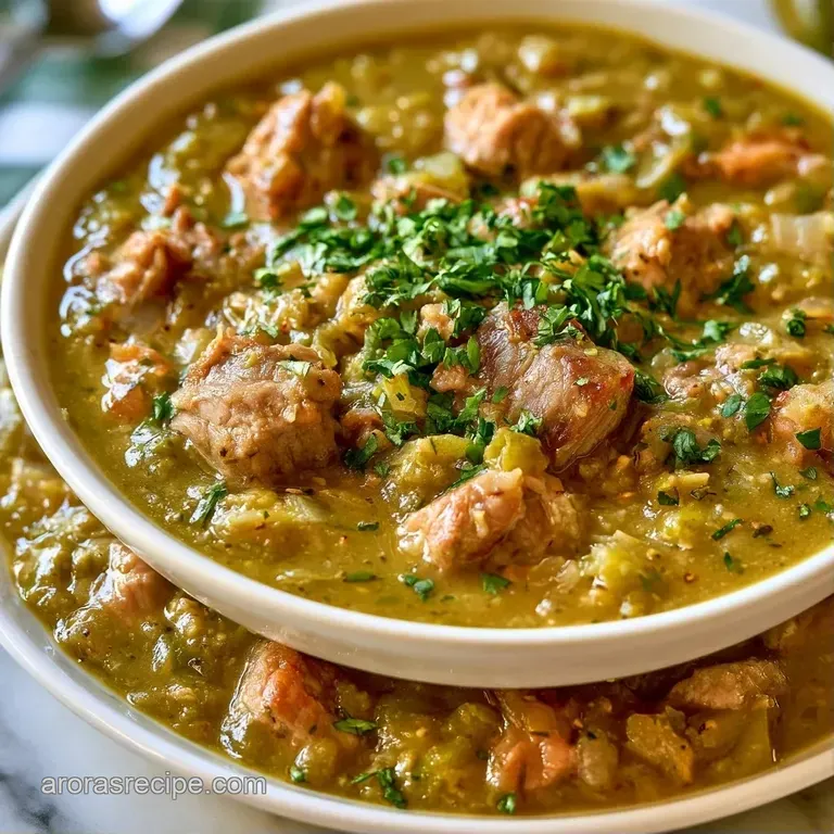 A ceramic bowl of steaming green stew topped with melted Monterey Jack cheese and a sprinkle of fresh cilantro.