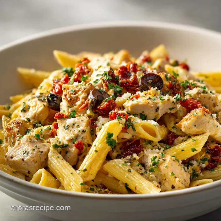 Perfectly plated pasta: Tender chicken atop creamy noodles, bright sun-dried tomatoes, and vibrant spinach. Garnished, rea...