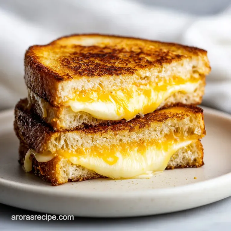 A plated grilled cheese sandwich, cut in half, reveals a river of molten cheese. A side of bright red tomato soup complete...