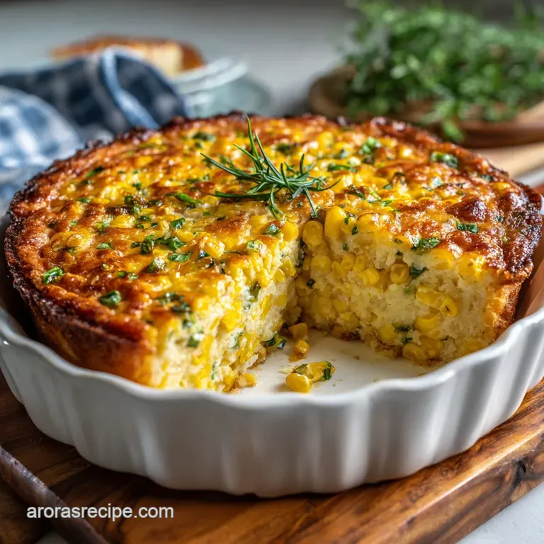 Slice of creamy corn pie on a white plate. Flaky crust, golden custard, and a sprinkle of fresh herbs for an elegant homes...