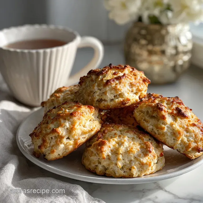 A warm biscuit split open revealing airy crumb and melted cottage cheese. Served on a plate with a pat of melting butter.