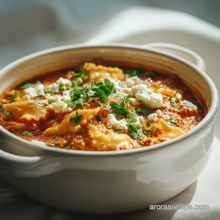 Steaming bowl of lasagna soup with swirls of red tomato sauce, topped with a spoonful of creamy white cottage cheese and f...