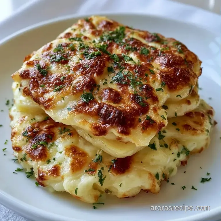 Creamy layered potato slice with a golden cheese top and a sprig of fresh parsley on a clean white ceramic plate.