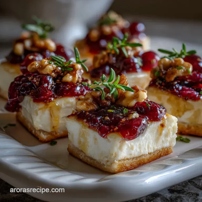 Elegant plate showcasing several cranberry bites. Each has a delicate, flaky crust, topped with a glistening, tart cranber...