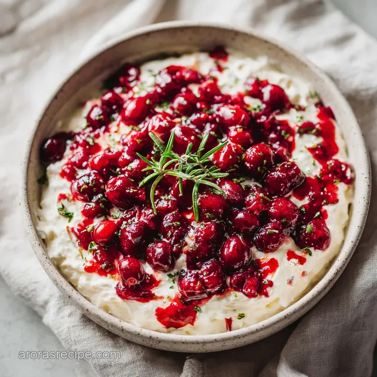 Creamy cranberry dip overflowing from a rustic bowl, garnished with cranberries and rosemary sprigs, set amongst festive d...