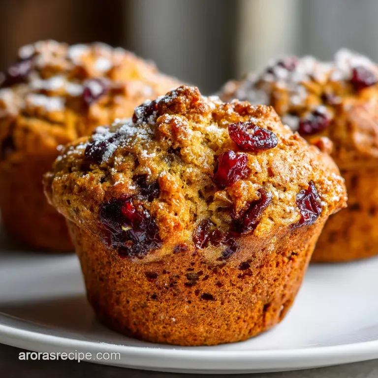 A glossy pumpkin muffin, studded with bright cranberries, rests elegantly on a linen napkin with a smear of sour cream.