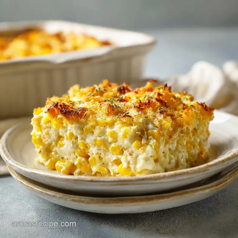 Individual serving of creamy corn casserole in a white dish, topped with fresh herbs, showcasing its smooth, rich texture.