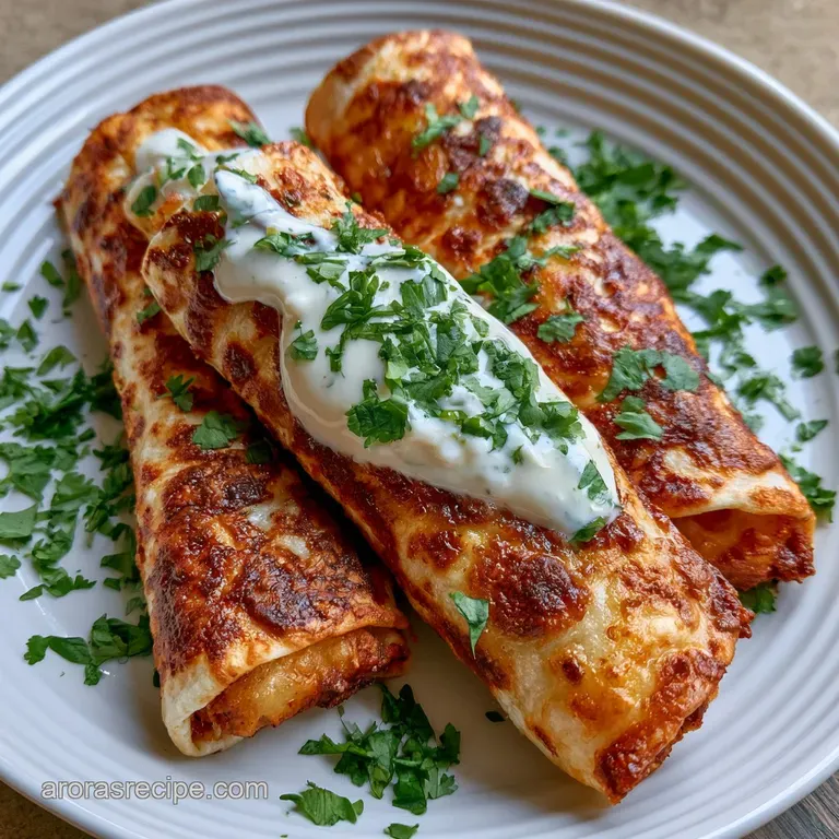 Three crunchy rolled tortillas resting on shredded lettuce, topped with white crema and fresh cilantro sprigs.