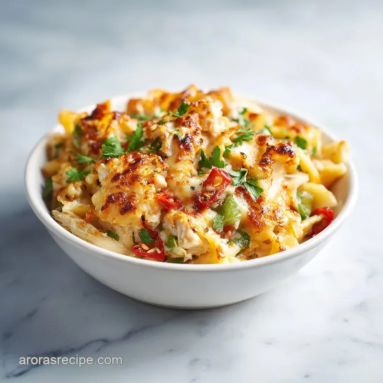 A forkful of tender chicken and noodles, coated in a rich sauce, resting on a white plate.