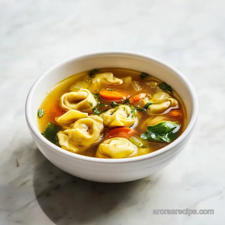 A deep bowl brimming with plump tortellini, chicken, and a velvety broth, garnished with fresh herbs.