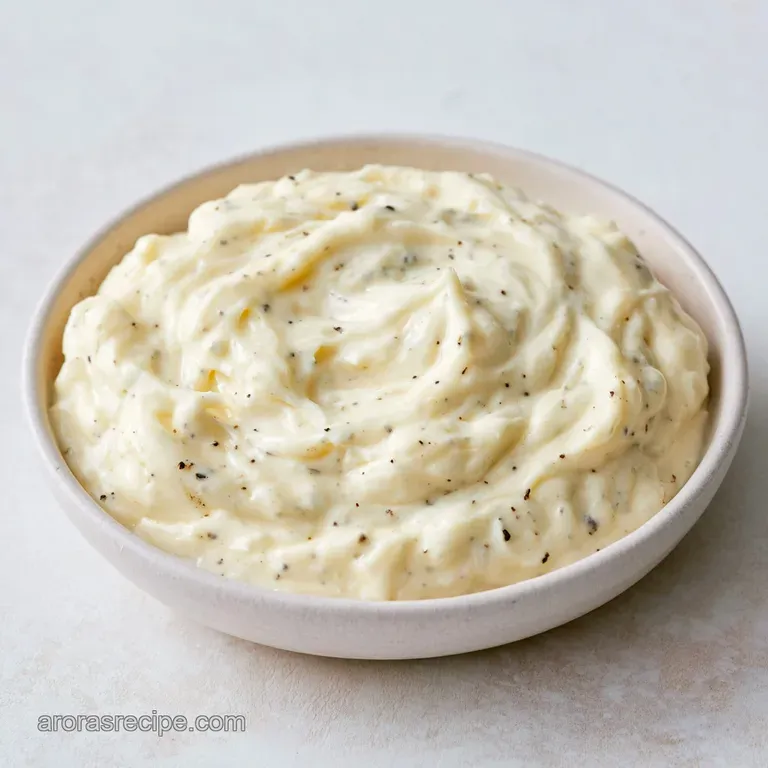 Small glass ramekin of pale yellow creamy sauce next to crispy golden fries and a sprig of fresh green parsley.